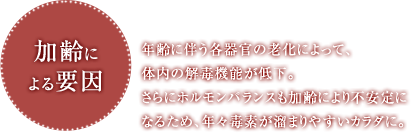 加齢による要因 年齢に伴う各器官の老化によって、体内の解毒機能が低下。さらにホルモンバランスも加齢により不安定になるため、年々毒素が溜まりやすいカラダに。