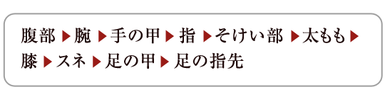 腹部　腕　手の甲　指　そけい部　太もも　膝　スネ　足の甲　足の指先