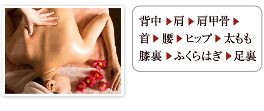 背中　肩　肩甲骨　首　腰　ヒップ　太もも膝裏　ふくらはぎ　足裏