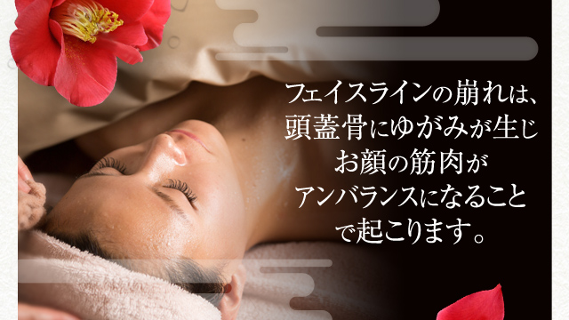 フェイスラインの崩れは、頭蓋骨にゆがみが生じお顔の筋肉がアンバランスになることで起こります。